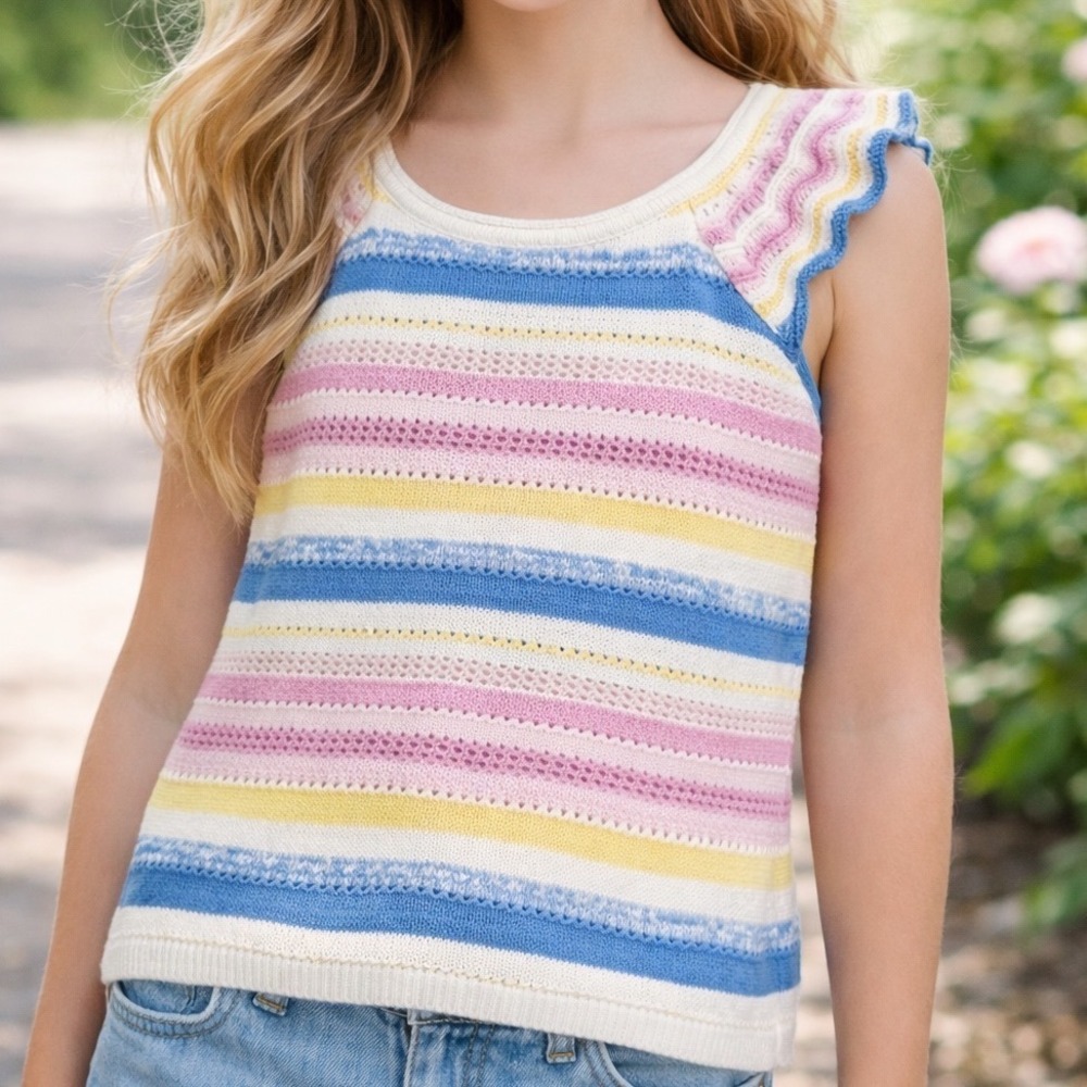 Gap Kids Crochet Tank Top Girls M 8 Pastel Rainbow Stripe Flutter Sleeve Boho
